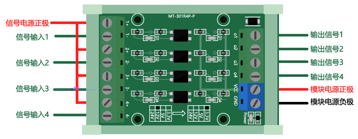 4路电平转换模块 带隔离(12V转3.3V)共阳极信号输入接线图
