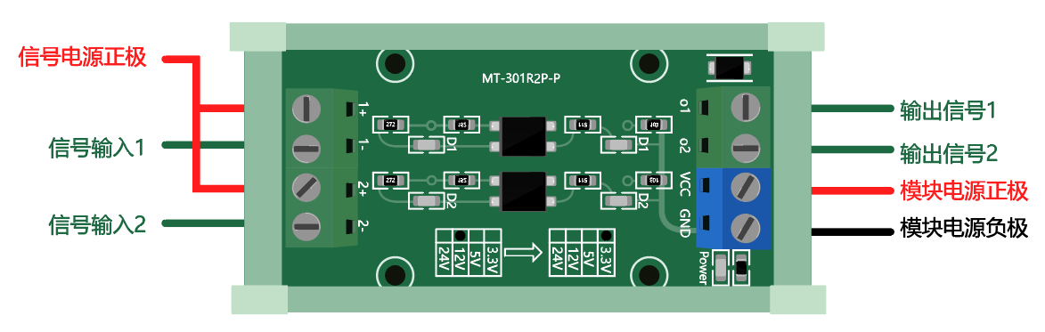 2路电平转换模块 带隔离（12V转3.3V）共阳极信号输入接线图
